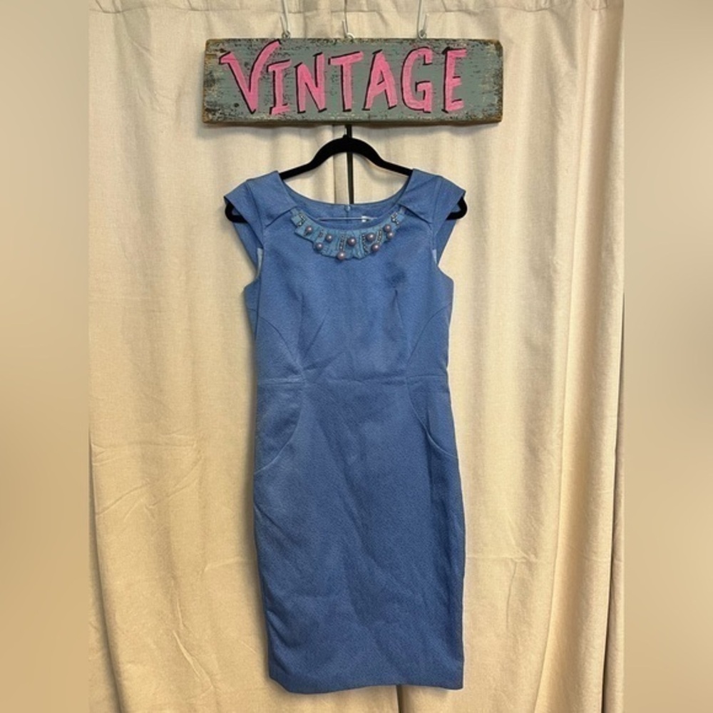 Designer Baby Blue Beaded Summer Mini Dress by artist Aideen Bodkin